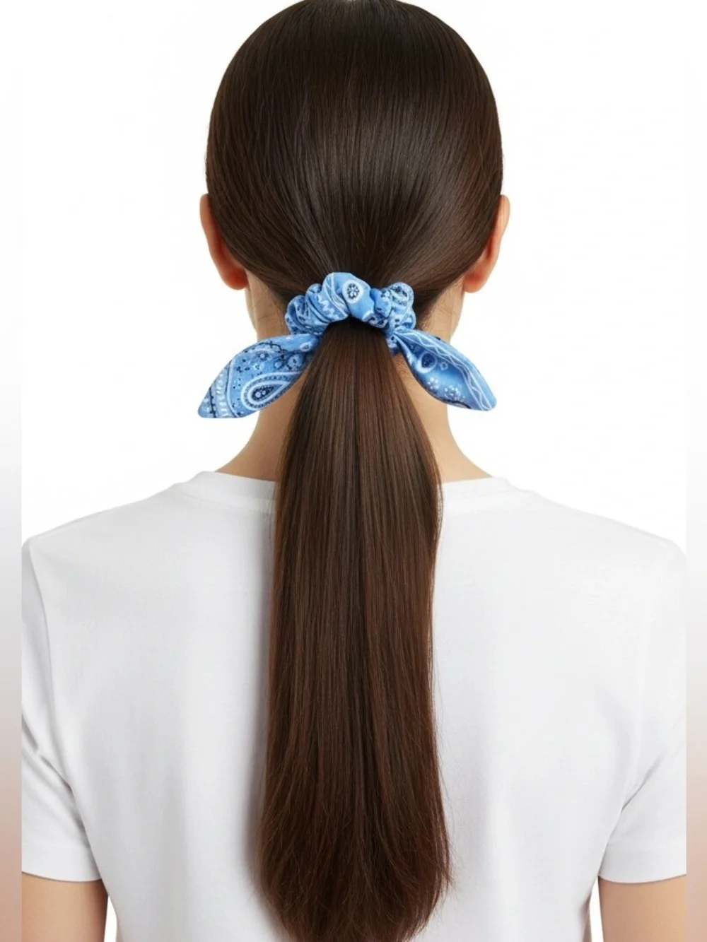 Light Blue Paisley Bandana Floral Flower Western Wired Trailing Ribbon Scrunchie